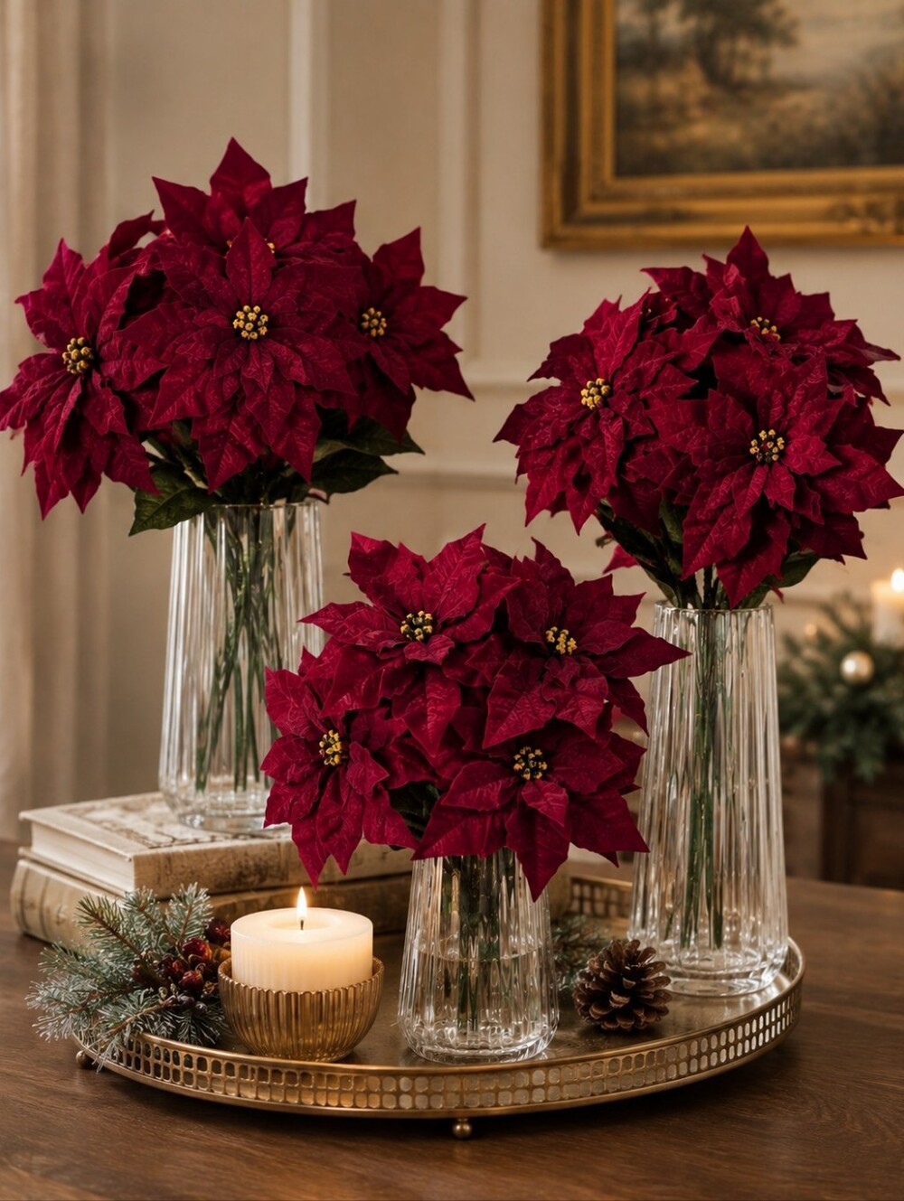 Ashland Burgundy Poinsettia Artificial Flower Bush Christmas Decor Set of 3 - Picture 3 of 10